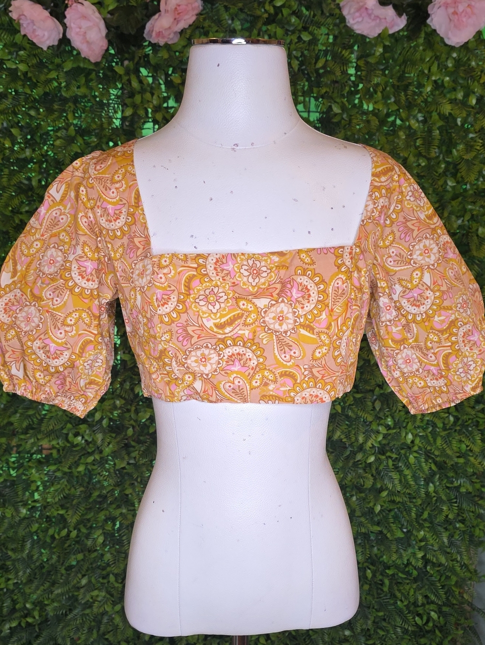 Yellow Paisley Square-Neck Crop Top with Puff Sleeves